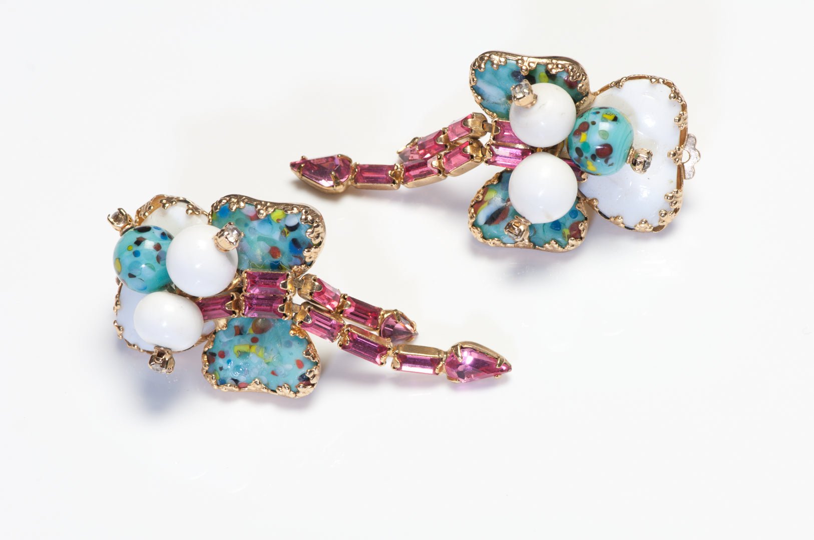 Vintage Hobe Turquoise Blue White Glass Pink Crystal Tassel Clover Earrings