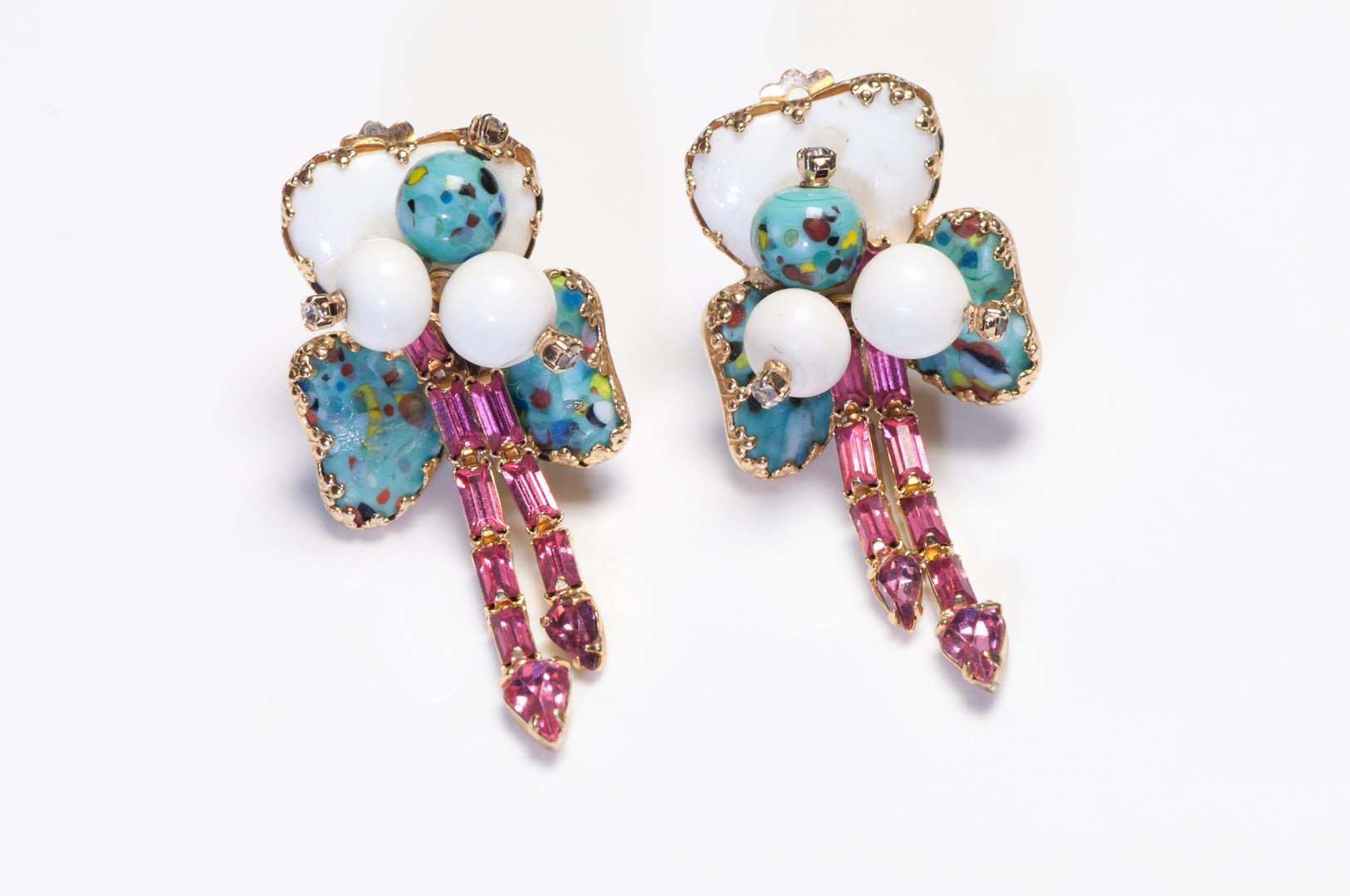 Vintage Hobe Turquoise Blue White Glass Pink Crystal Tassel Clover Earrings