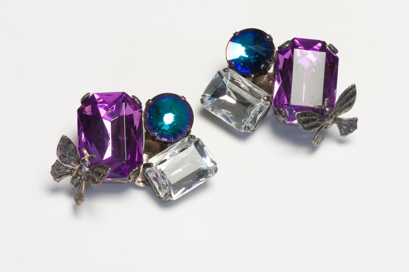 Vintage Ikuo Ichimori Paris Purple Blue Crystal Butterfly Earrings