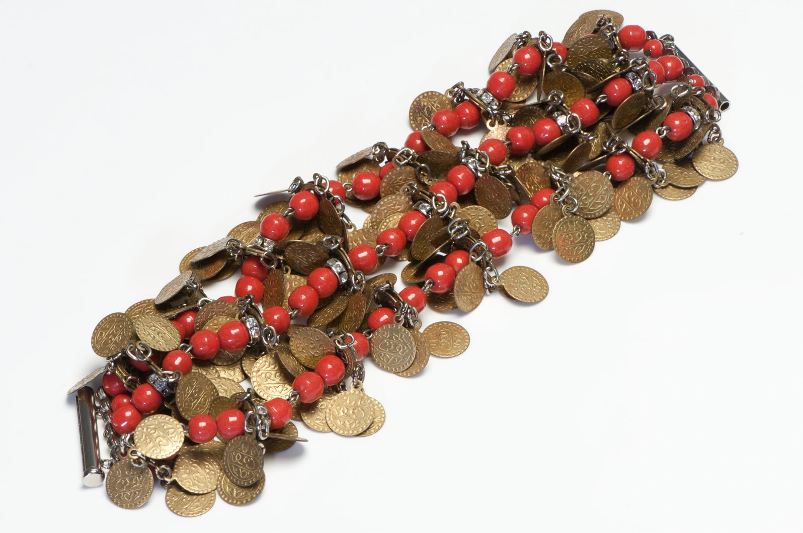 Vintage Italian Wide Red Glass Beads Crystal Coin Charm Bracelet