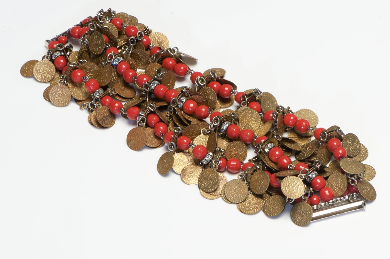 Vintage Italian Wide Red Glass Beads Crystal Coin Charm Bracelet