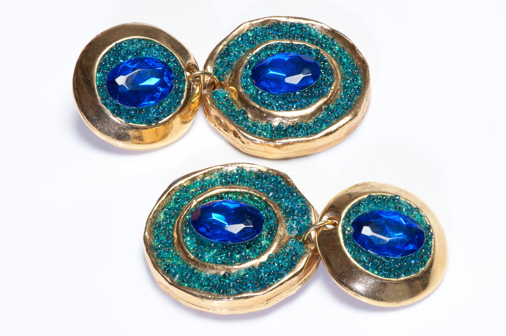 Vintage Jacky de G Long Blue Crystal Green Beads Drop Earrings