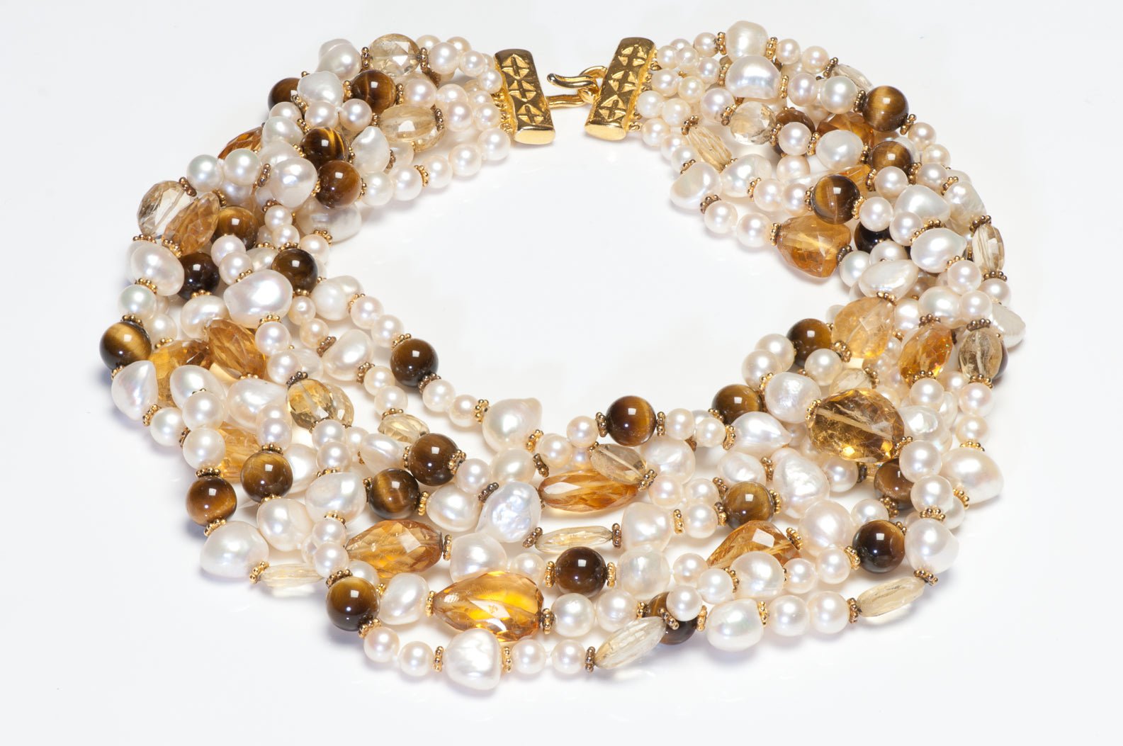Vintage Jaded Gold Plated Citrine Tigers Eye Pearl Multi-Strand Necklace