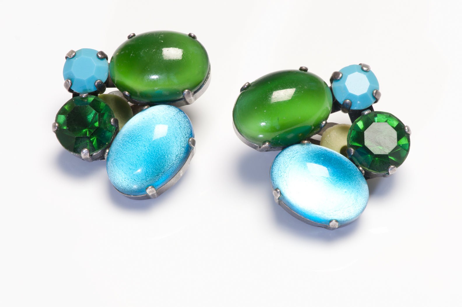 Vintage JL Blin Paris Green Blue Cabochon Glass Crystal Earrings