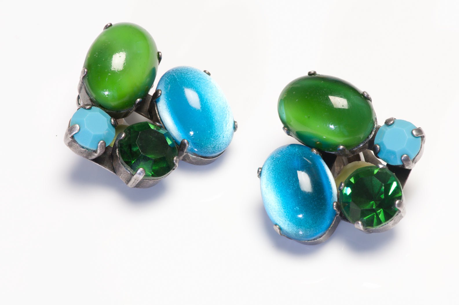 Vintage JL Blin Paris Green Blue Cabochon Glass Crystal Earrings