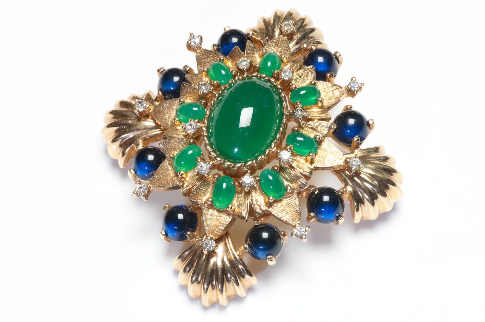 Vintage Jomaz Mughal Style Green Blue Cabochon Glass Pendant Brooch