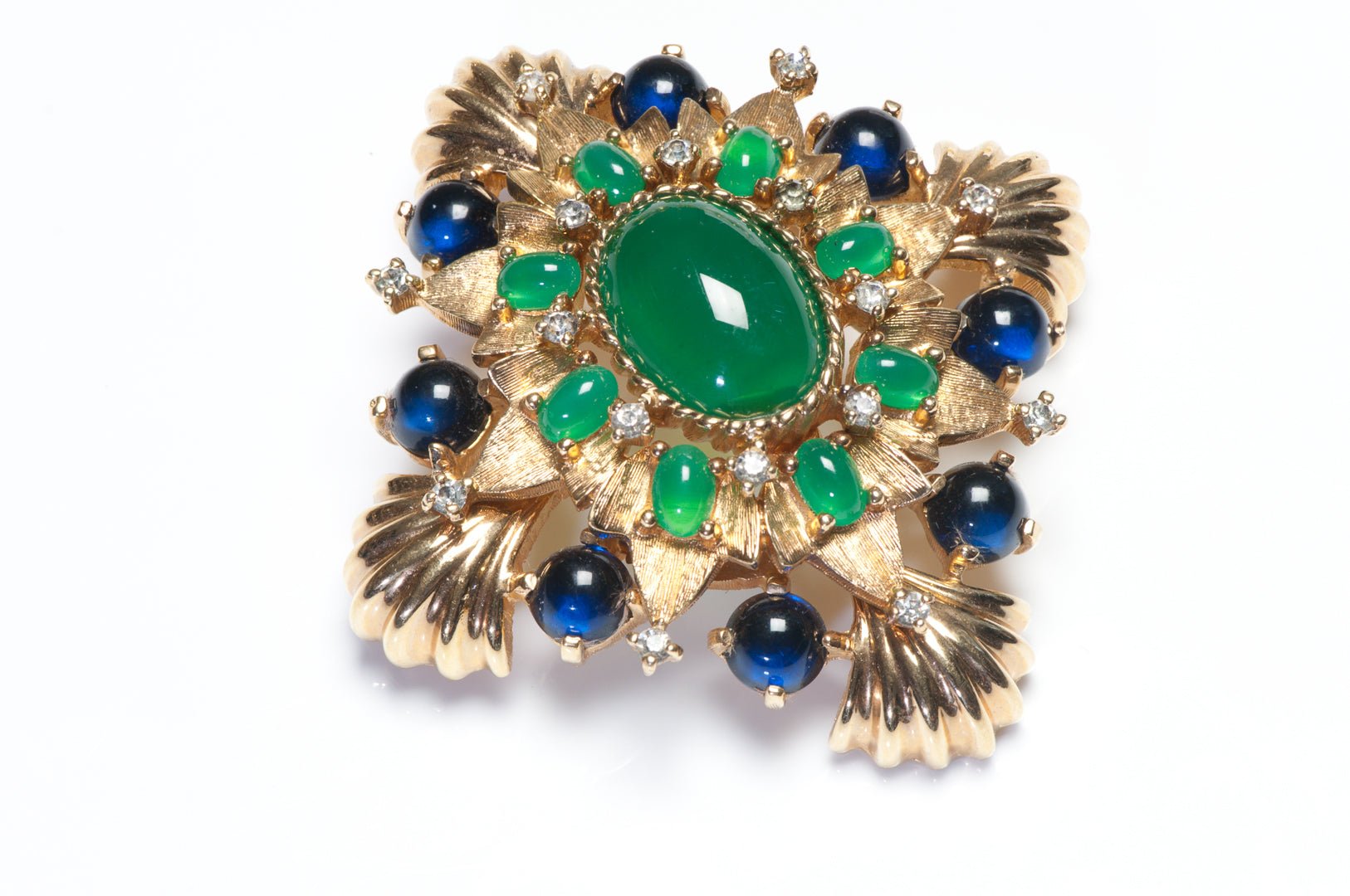Vintage Jomaz Mughal Style Green Blue Cabochon Glass Pendant Brooch