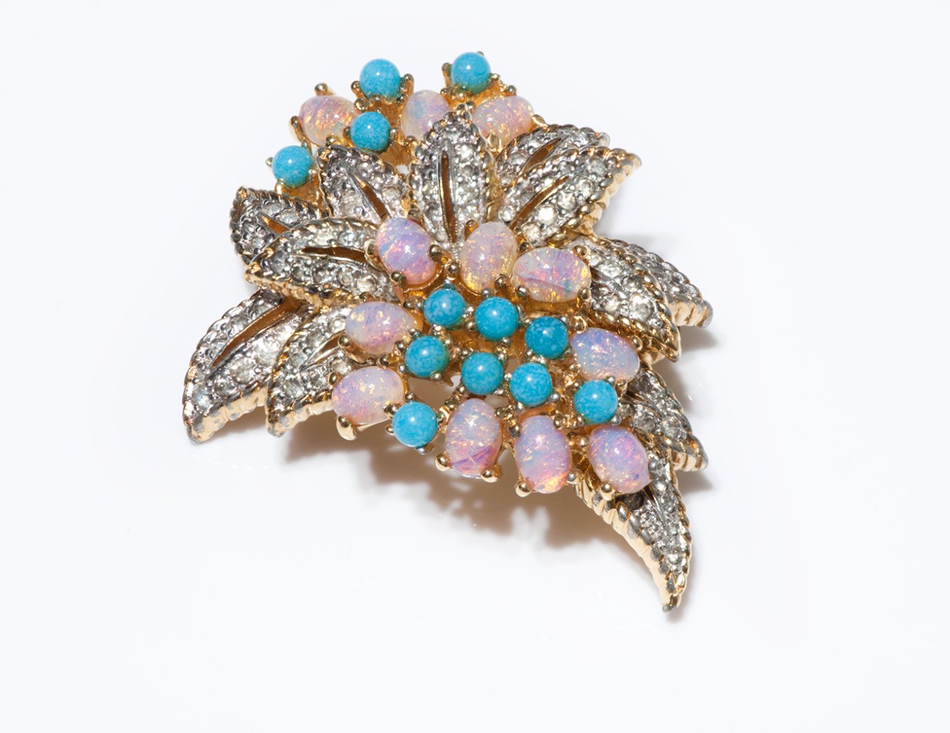 Vintage Jomaz Pink Opaline Glass Faux Turquoise Crystal Brooch