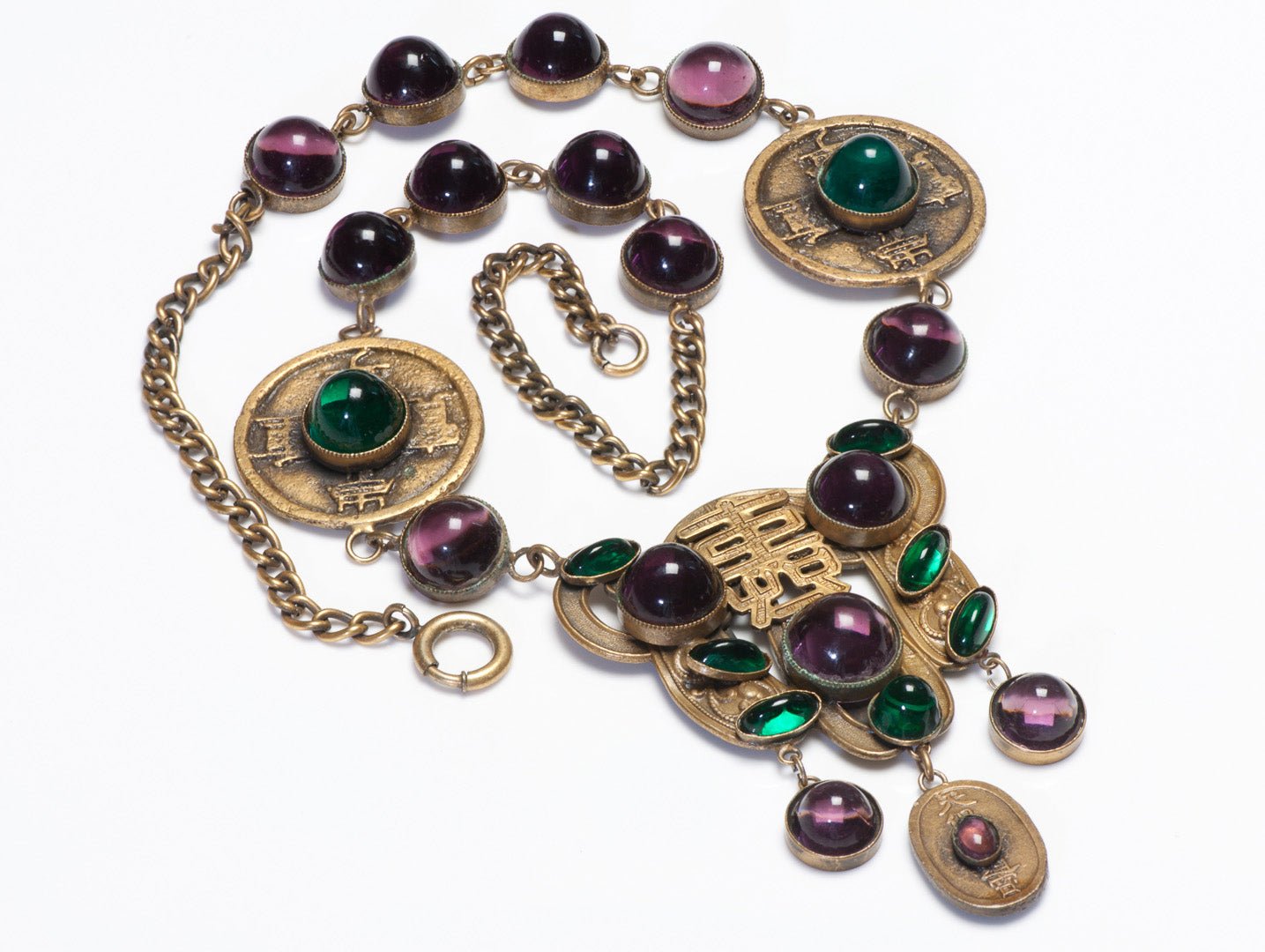 Vintage Joseff of Hollywood Asian Style Purple Green Cabochon Glass Necklace
