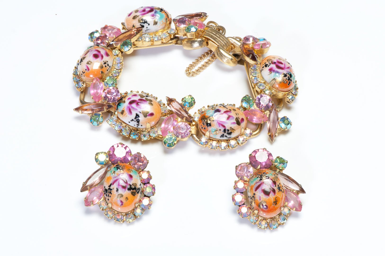 Vintage Juliana Easter Egg Aurora Borealis Pink Crystal Bracelet Earrings Set