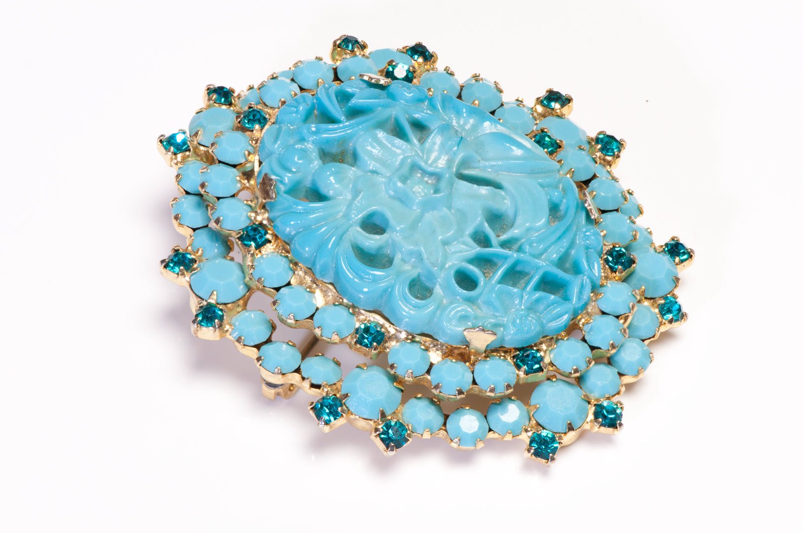 Vintage Juliana Faux Turquoise Blue Crystal Carved Flower Brooch