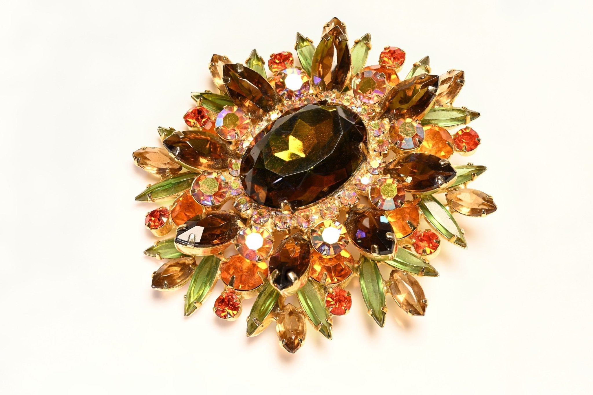 Vintage Juliana Large Gold Plated Green Orange Brown Crystal Flower Brooch
