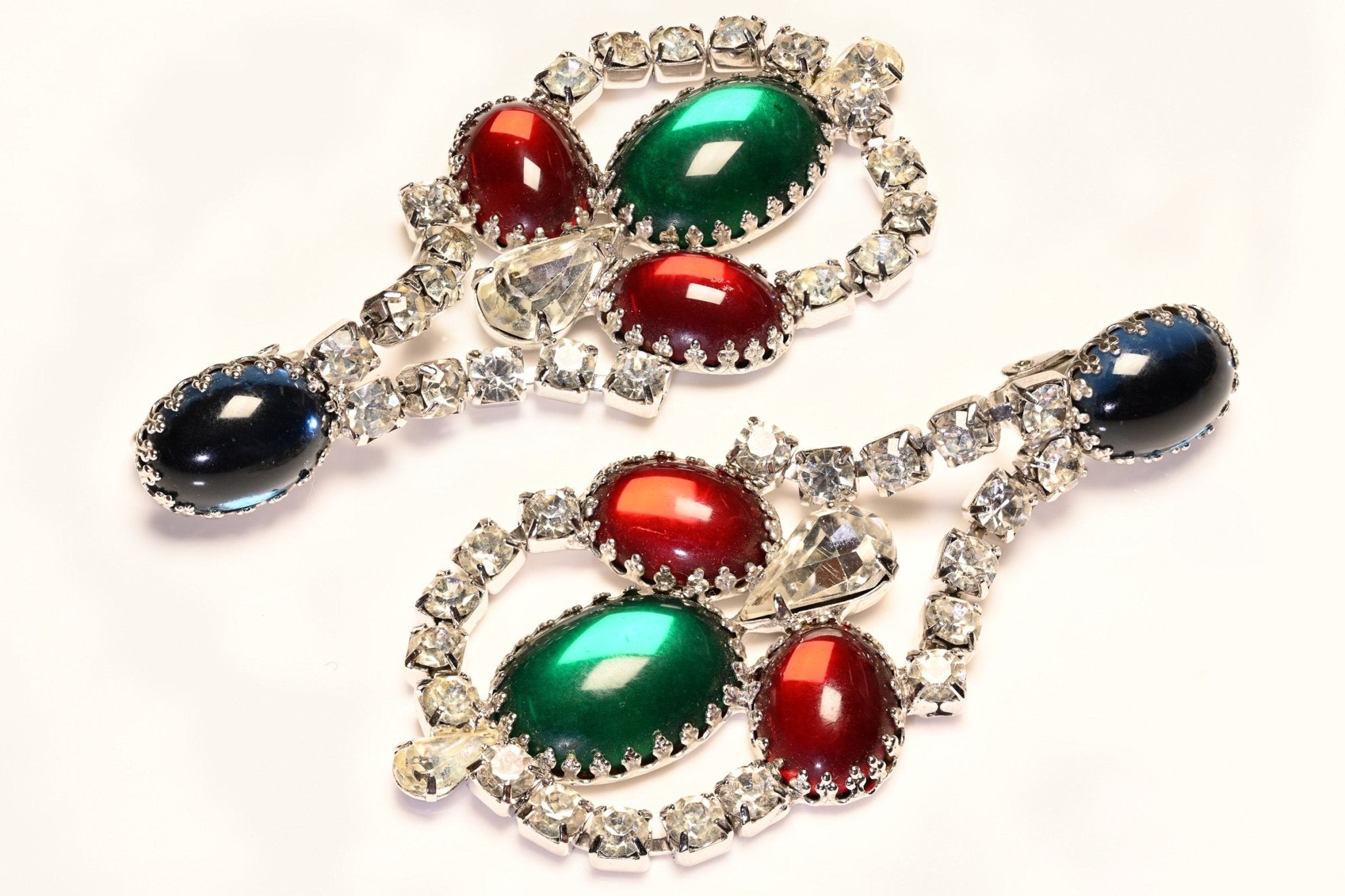 Vintage Juliana Long Blue Red Green Cabochon Mughal Style Drop Earrings