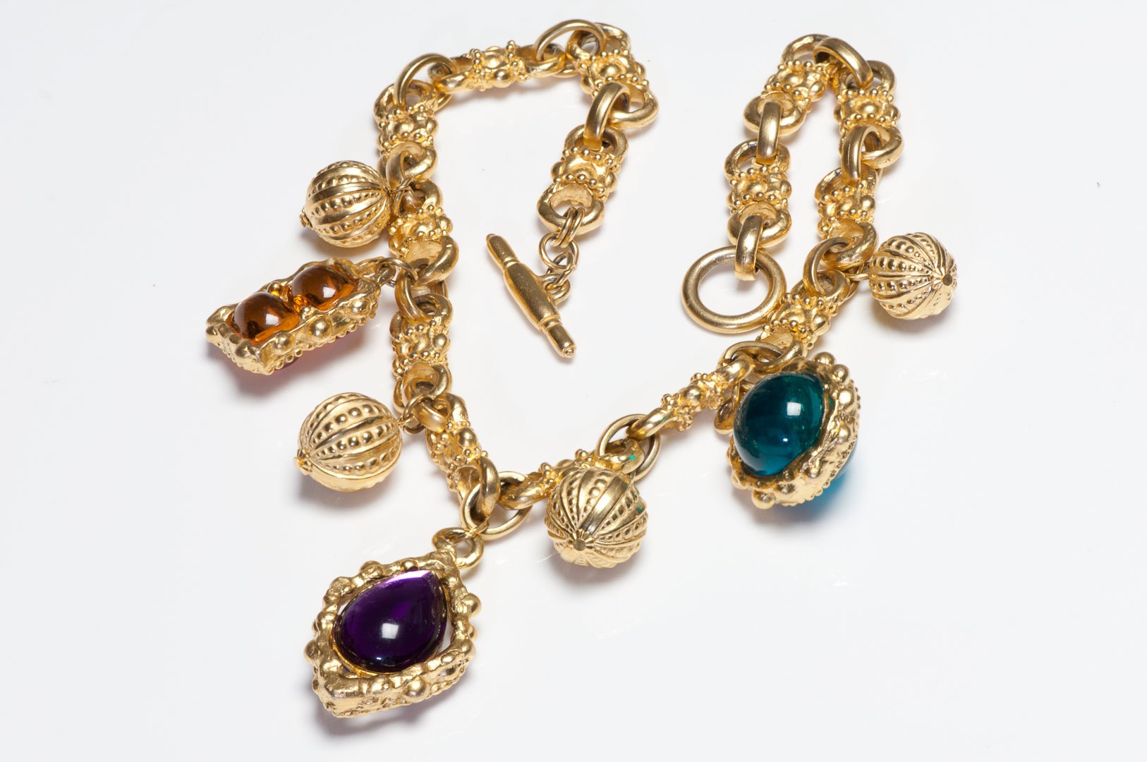 Vintage Kalinger Paris 1980’s Green Purple Yellow Cabochon Charm Chain Necklace