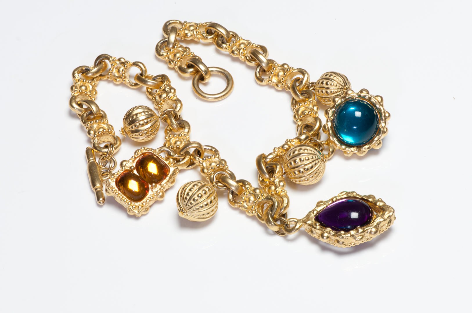 Vintage Kalinger Paris 1980’s Green Purple Yellow Cabochon Charm Chain Necklace