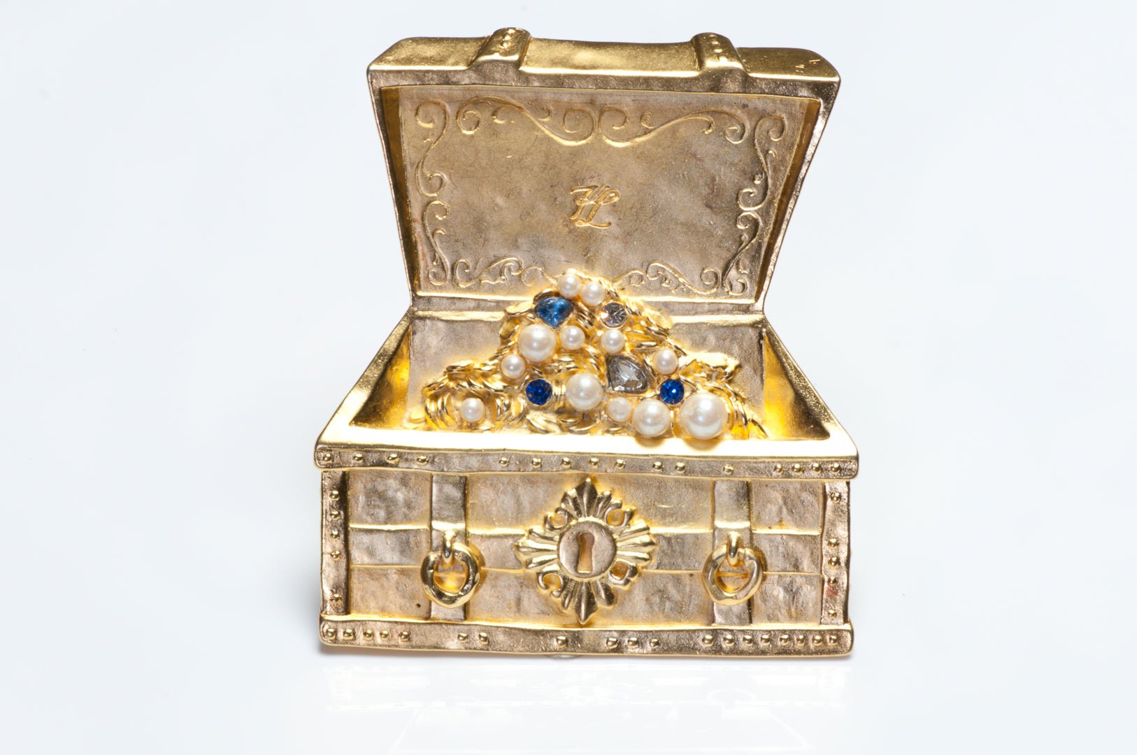 Vintage Karl Lagerfeld Gold Plated Pearl Blue Crystal Treasure Chest Brooch