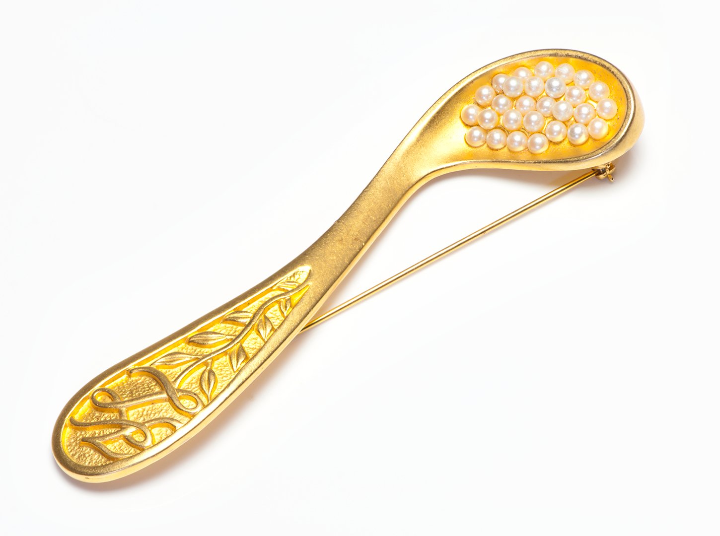 Vintage Karl Lagerfeld Gold Plated Pearl Caviar Spoon Brooch
