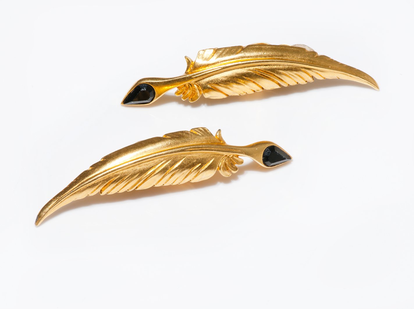 Vintage Karl Lagerfeld Gold Plated Quill Black Crystal Earrings