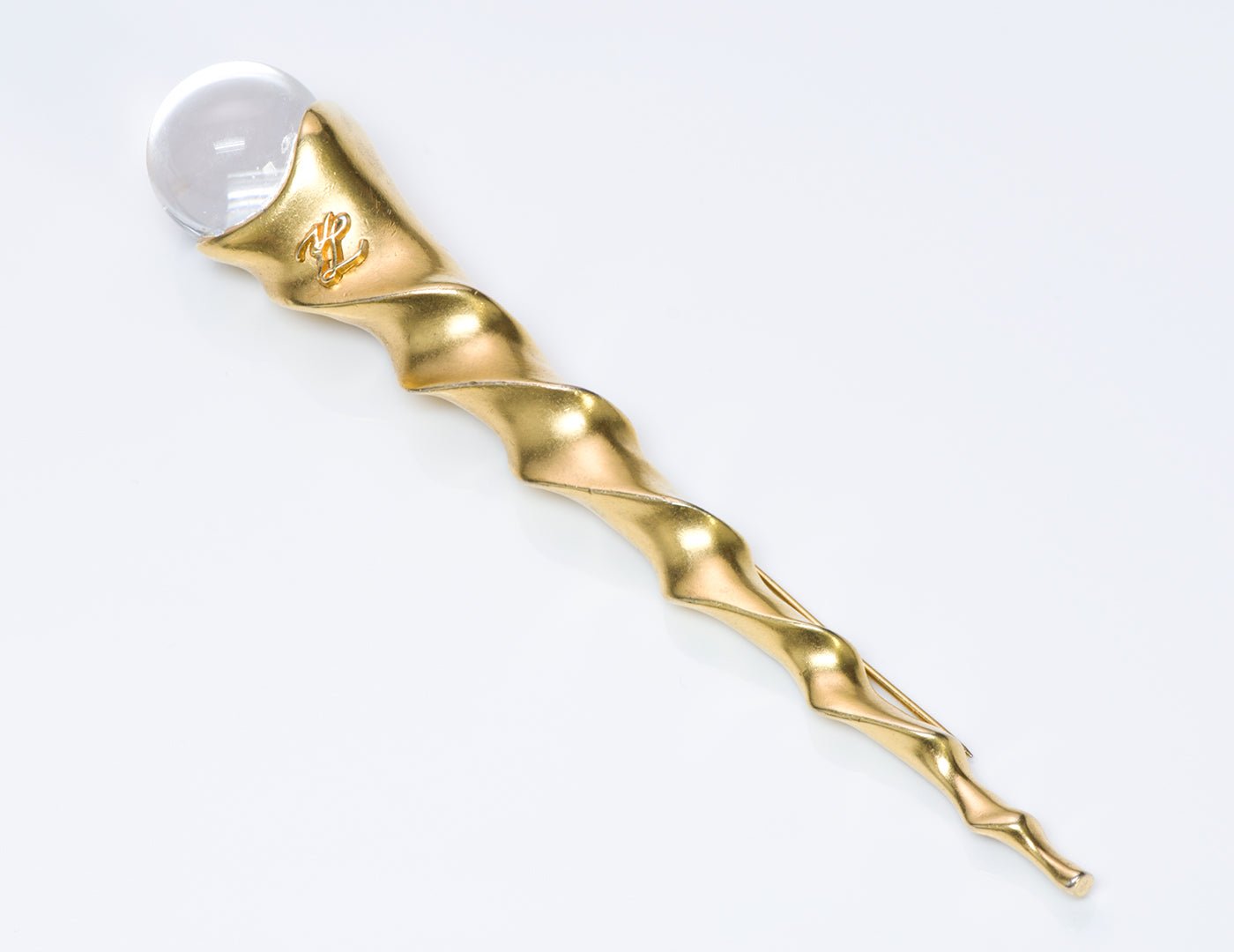 Vintage Karl Lagerfeld Gold Tone Twist Glass Pin Brooch
