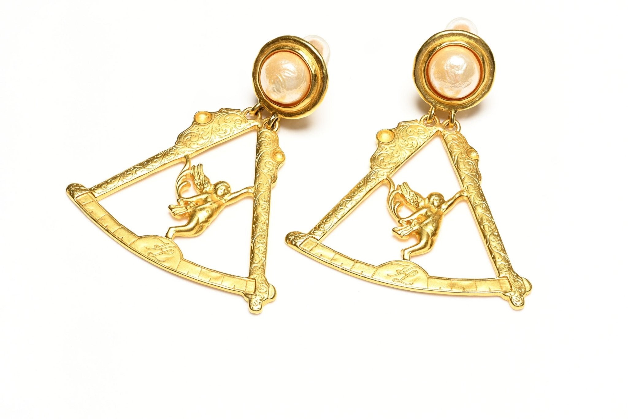 Vintage Karl Lagerfeld Paris Gold Plated Cherub Angel Pearl Drop Earrings