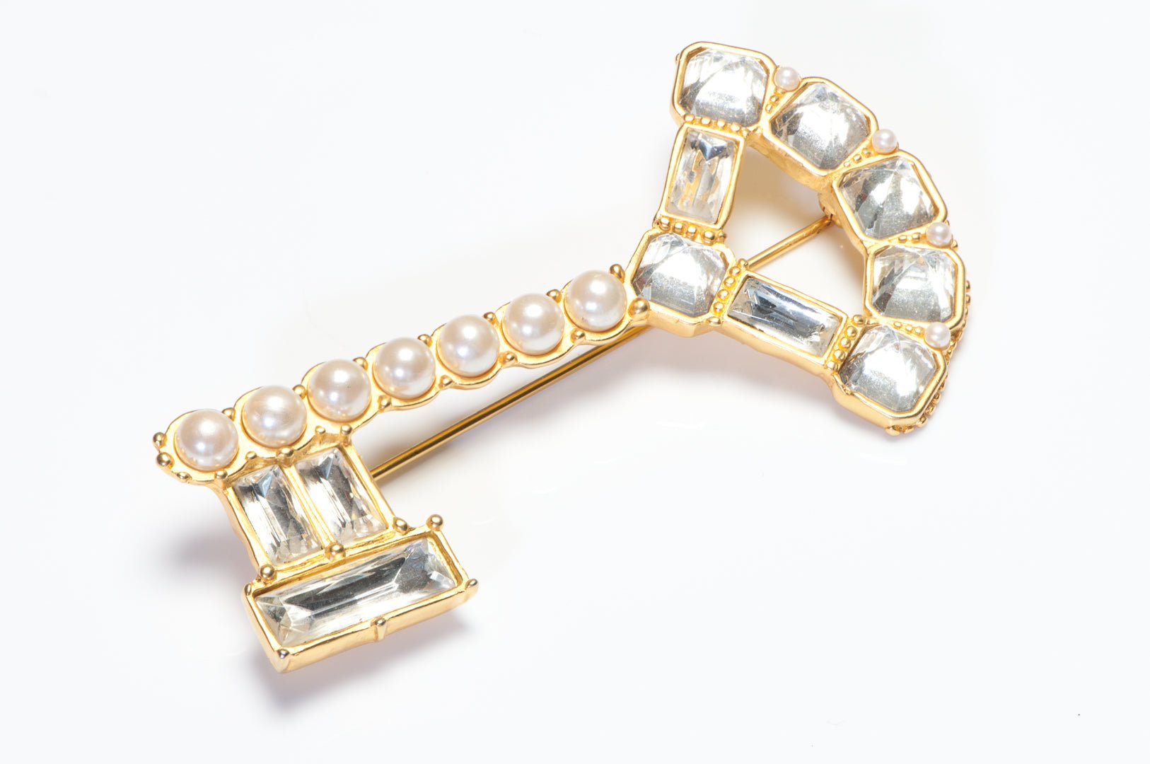 Vintage Karl Lagerfeld Paris Gold Plated Crystal Pearl Key Brooch