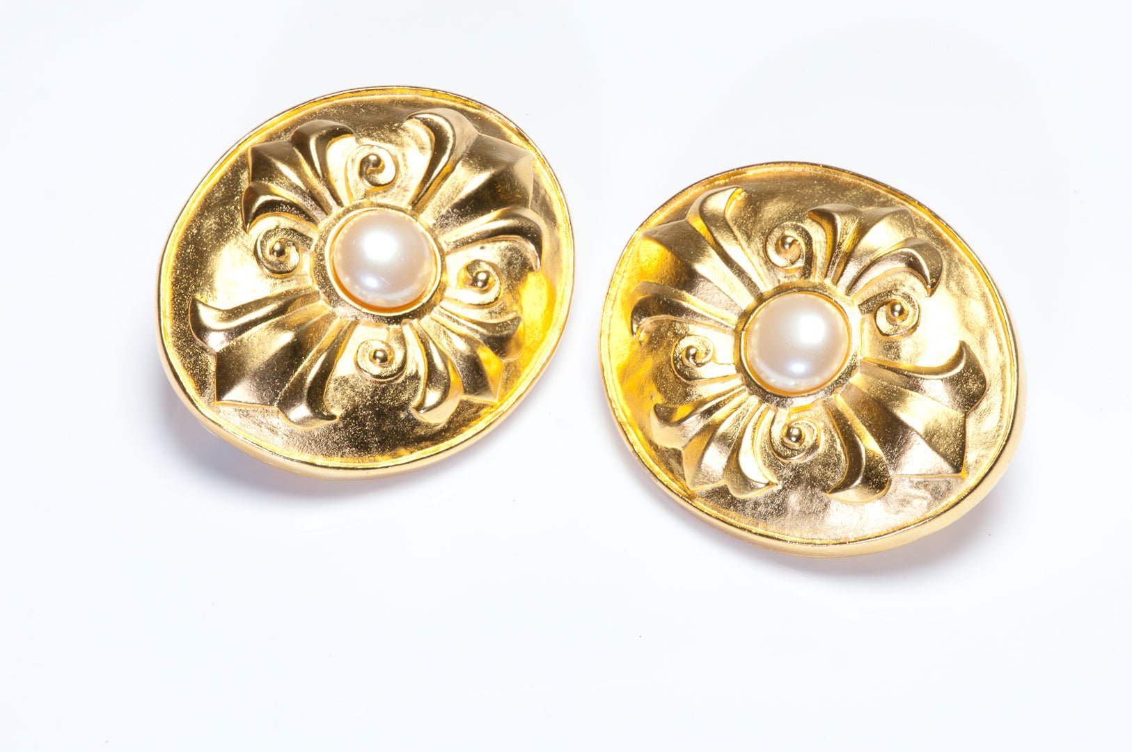 Vintage Karl Lagerfeld Paris Gold Plated Maltese Cross Pearl Earrings