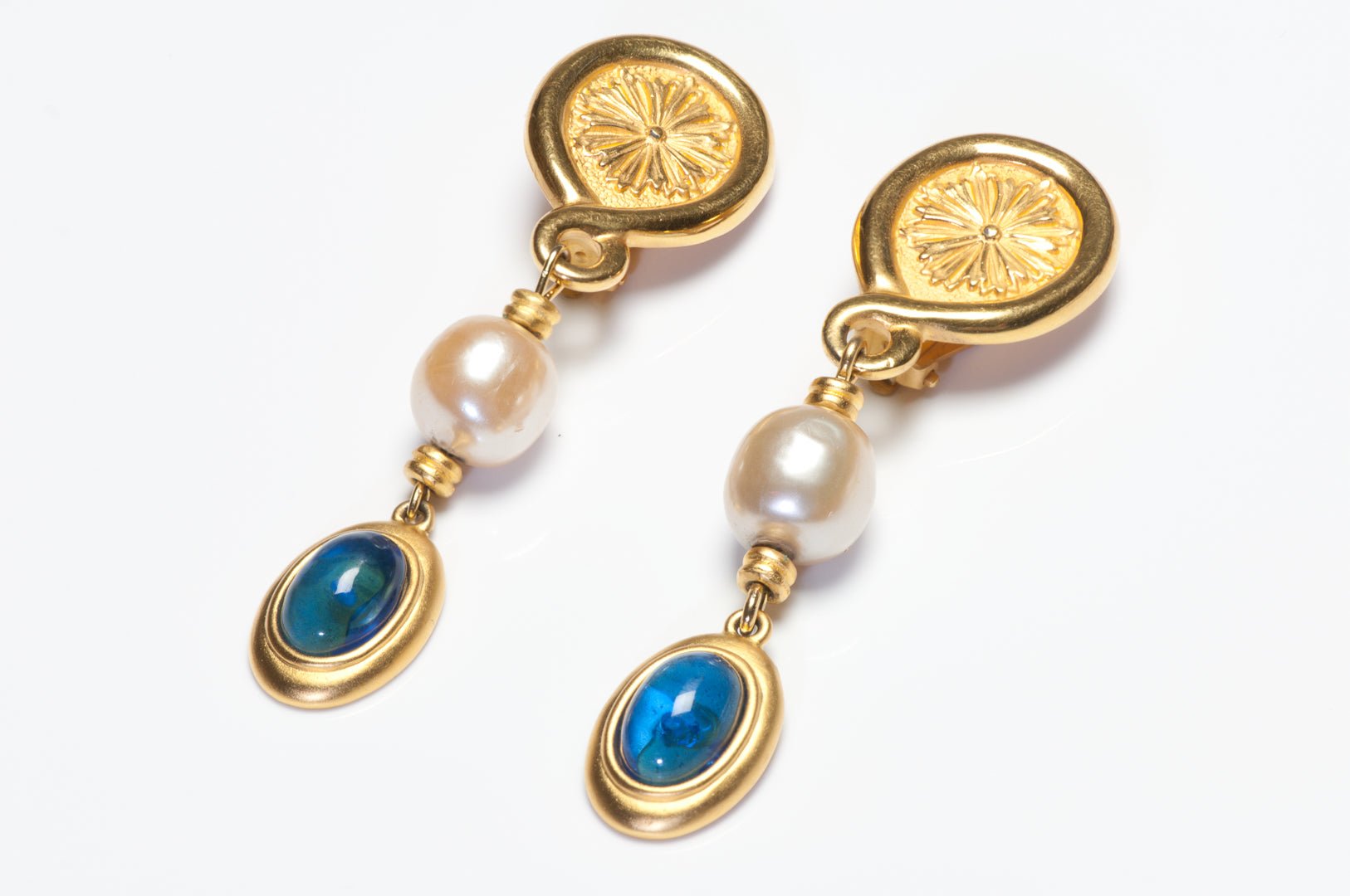Vintage Karl Lagerfeld Paris Long Blue Cabochon Glass Pearl Drop Earrings