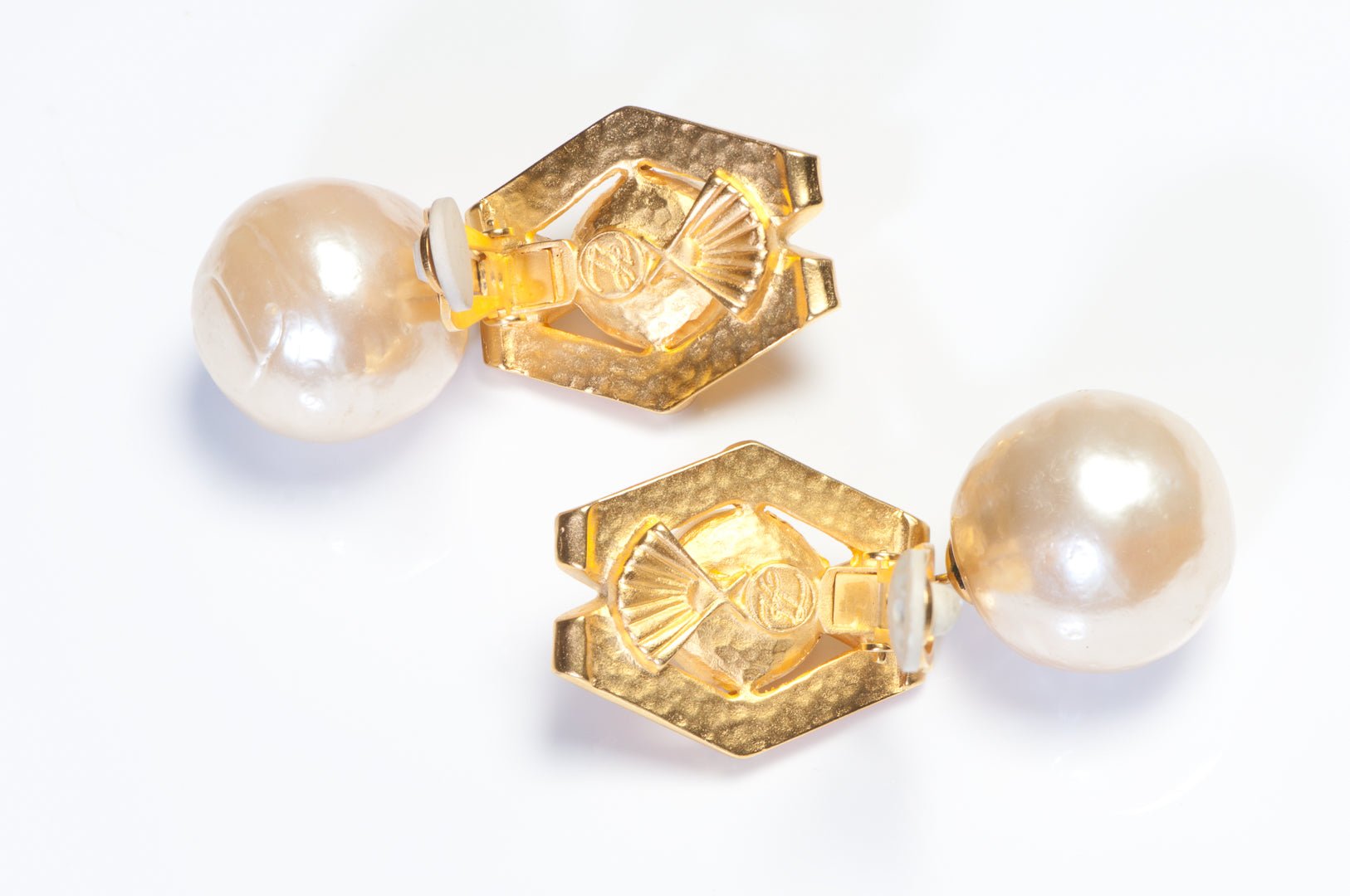 Vintage Karl Lagerfeld Paris Long Gold Plated Glass Pearl Earrings