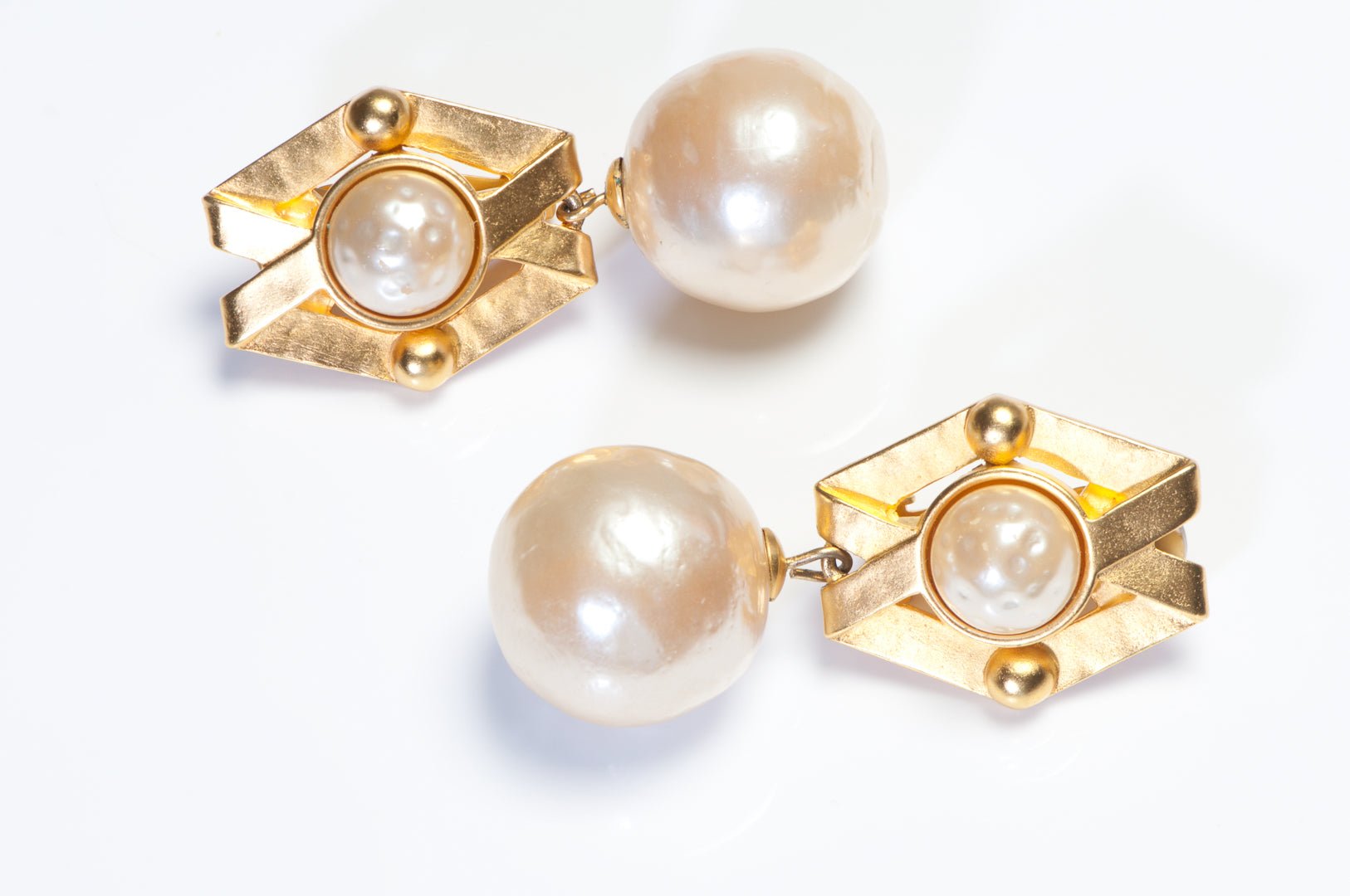Vintage Karl Lagerfeld Paris Long Gold Plated Glass Pearl Earrings