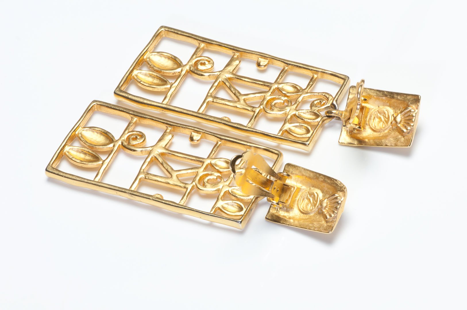 Vintage Karl Lagerfeld Paris Long Gold Plated Logo Cage Earrings