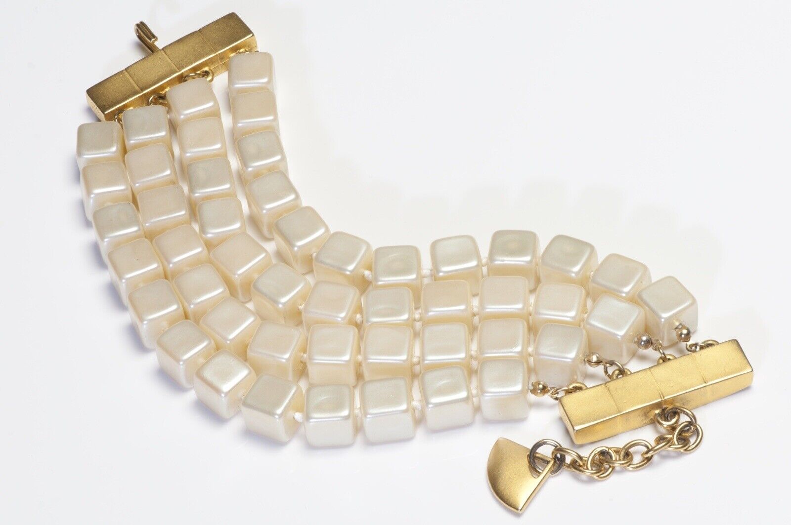 Vintage Karl Lagerfeld Paris Wide Gold Plated Faux Pearl Multi Strand Bracelet