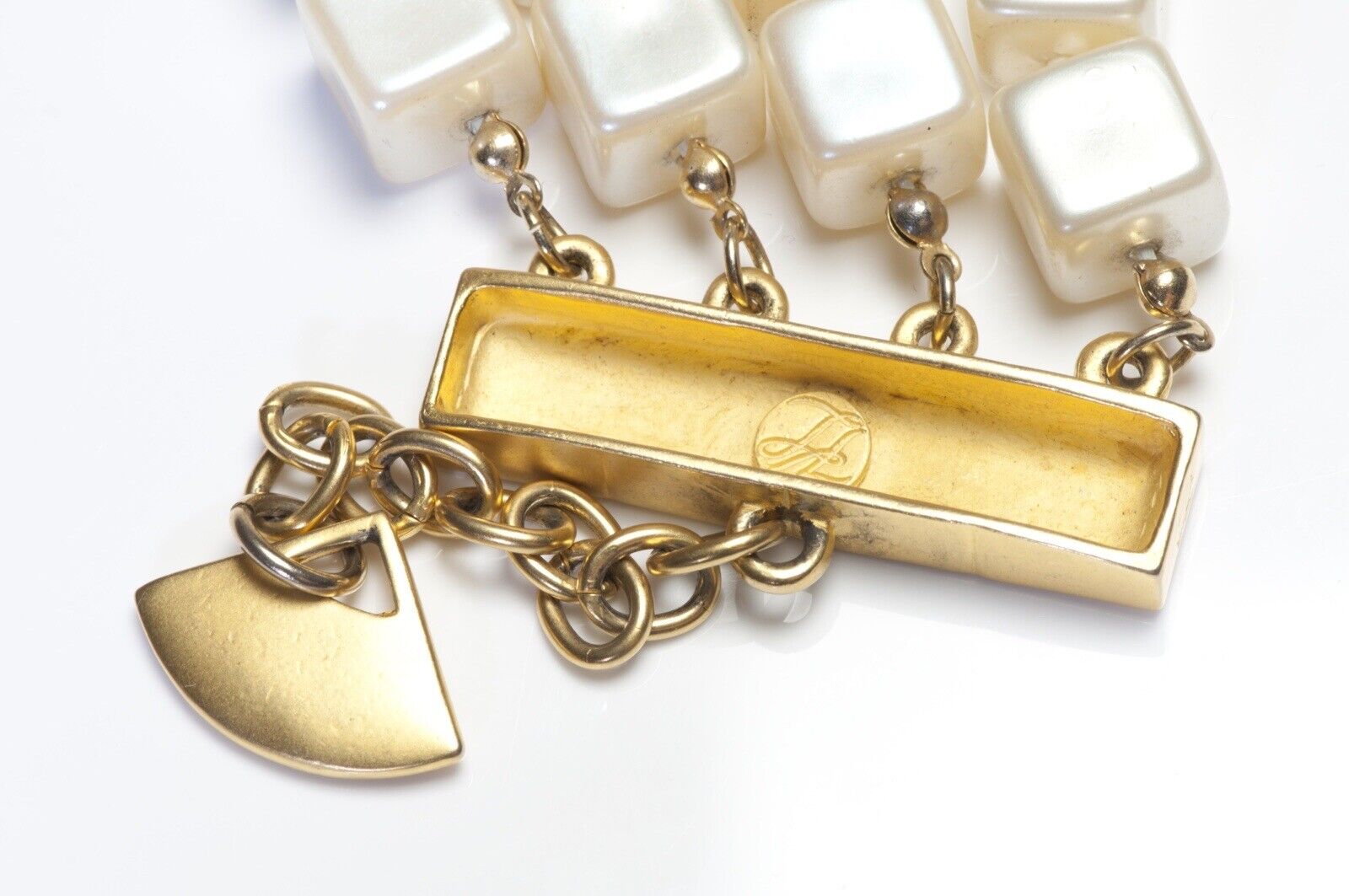 Vintage Karl Lagerfeld Paris Wide Gold Plated Faux Pearl Multi Strand Bracelet
