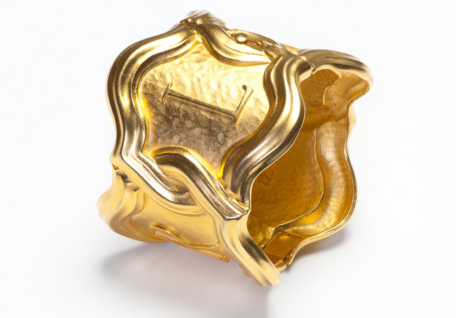 Vintage Karl Lagerfeld Paris Wide Gold Plated Hammered Logo Bangle Bracelet