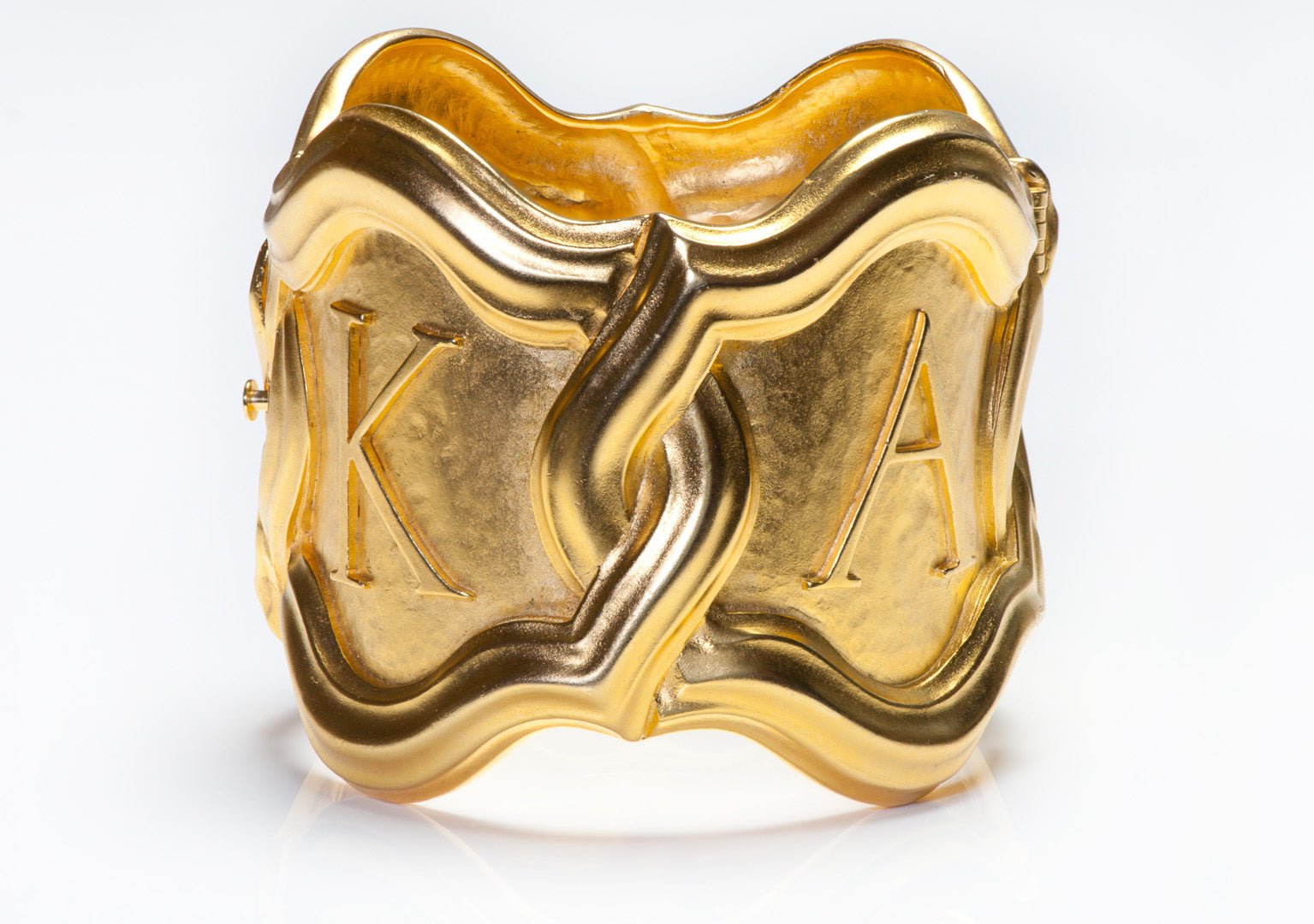 Vintage Karl Lagerfeld Paris Wide Gold Plated Hammered Logo Bangle Bracelet