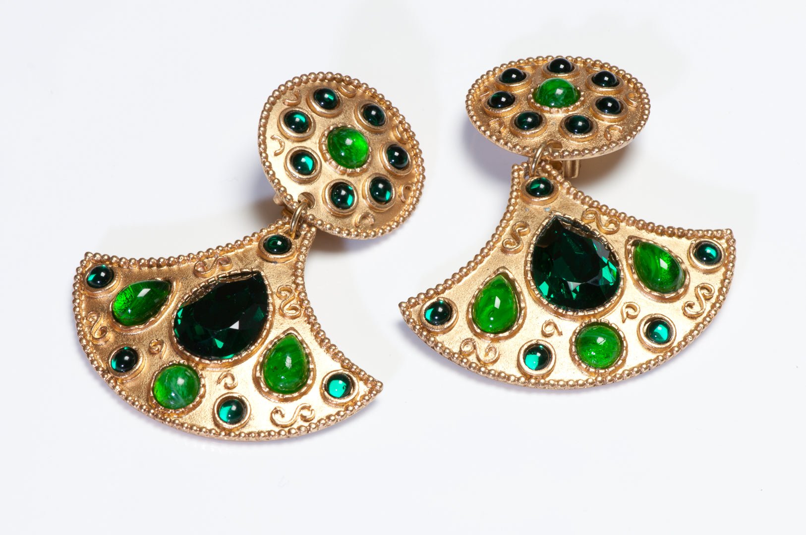 Vintage Kenneth Jay Lane KJL Long Etruscan Style Green Glass Crystal Earrings
