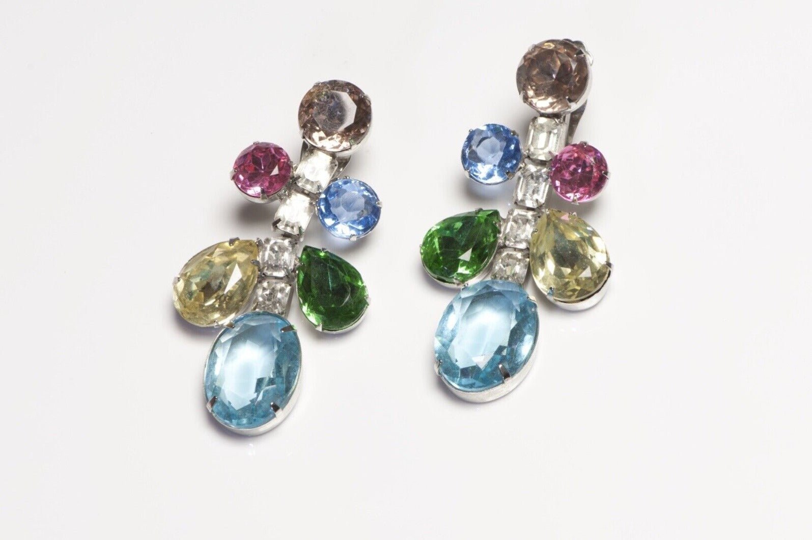 Vintage Kenneth Jay Lane Long Blue Green Pink Crystal Earrings