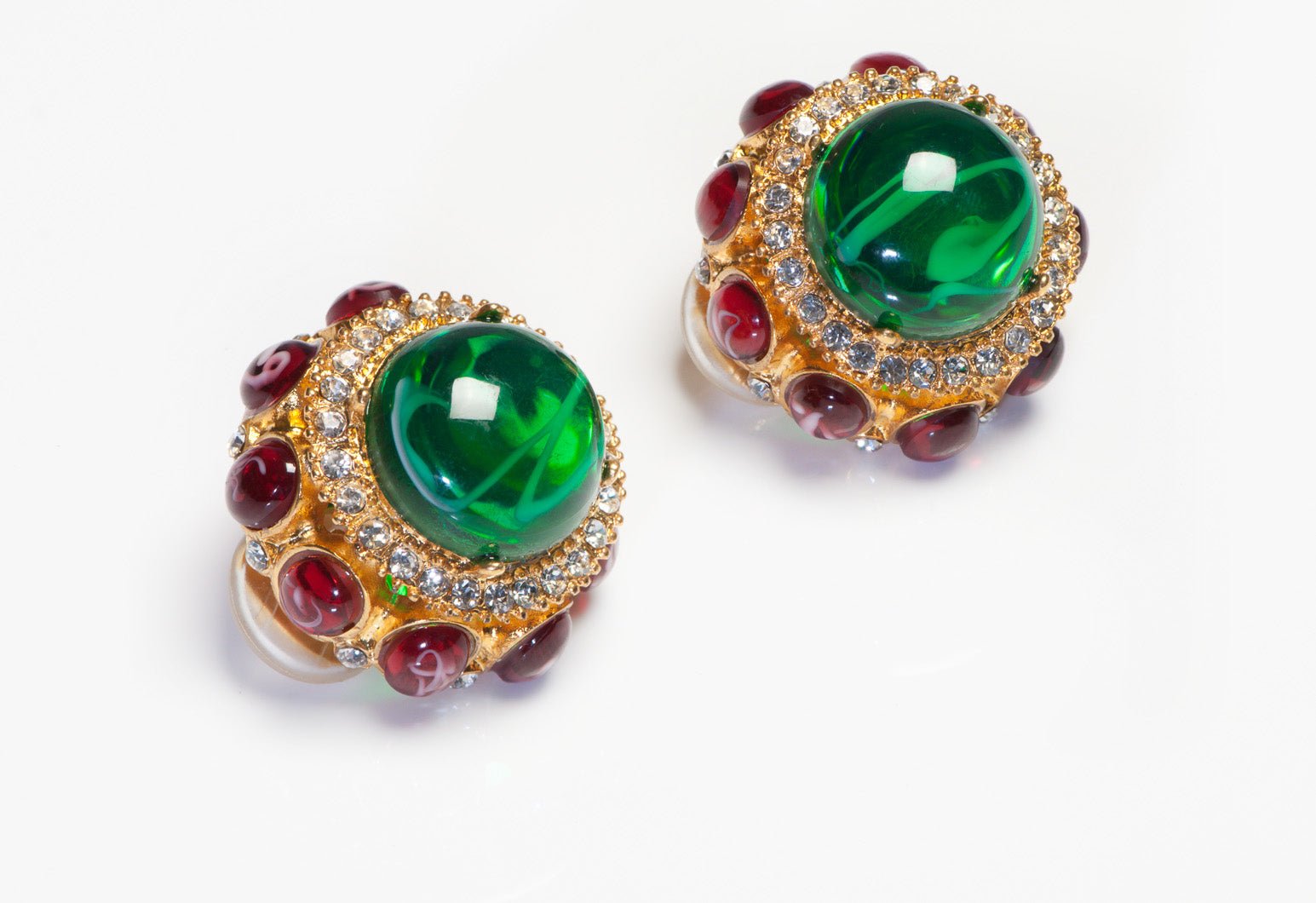 Vintage Kenneth Jay Lane Mughal Style Green Red Resin Crystal Earrings