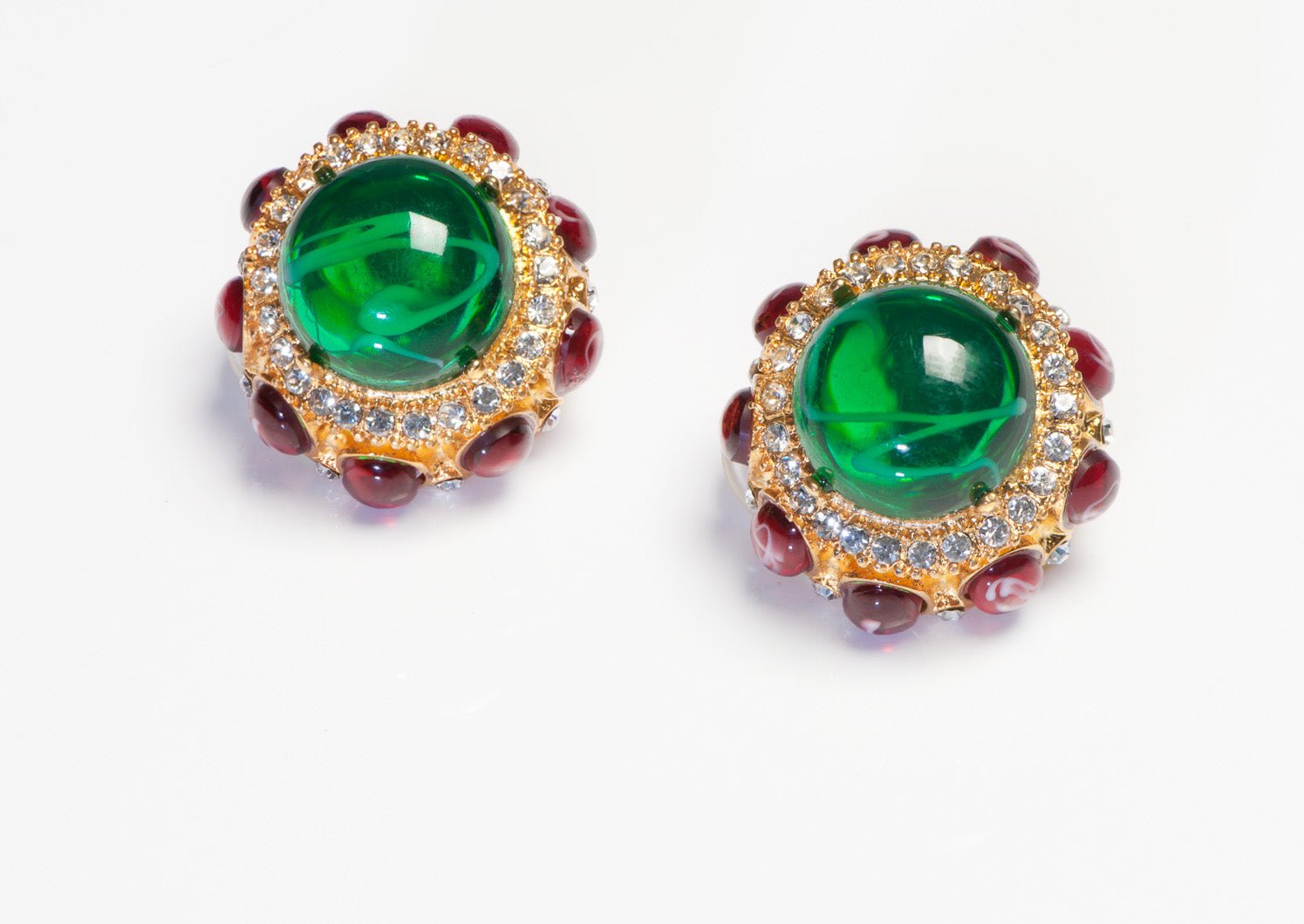 Vintage Kenneth Jay Lane Mughal Style Green Red Resin Crystal Earrings