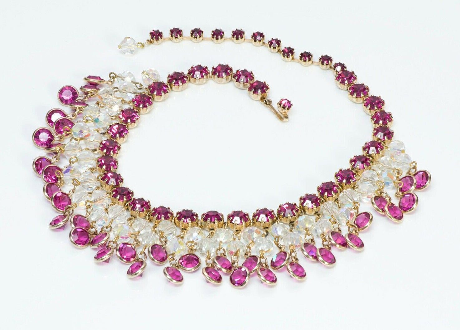 Vintage KRAMER New York Wide Pink Crystal Tassel Choker Necklace