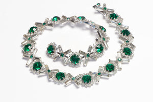 Vintage Kramer NY Rhodium Plated Green Crystal XO Collar Necklace
