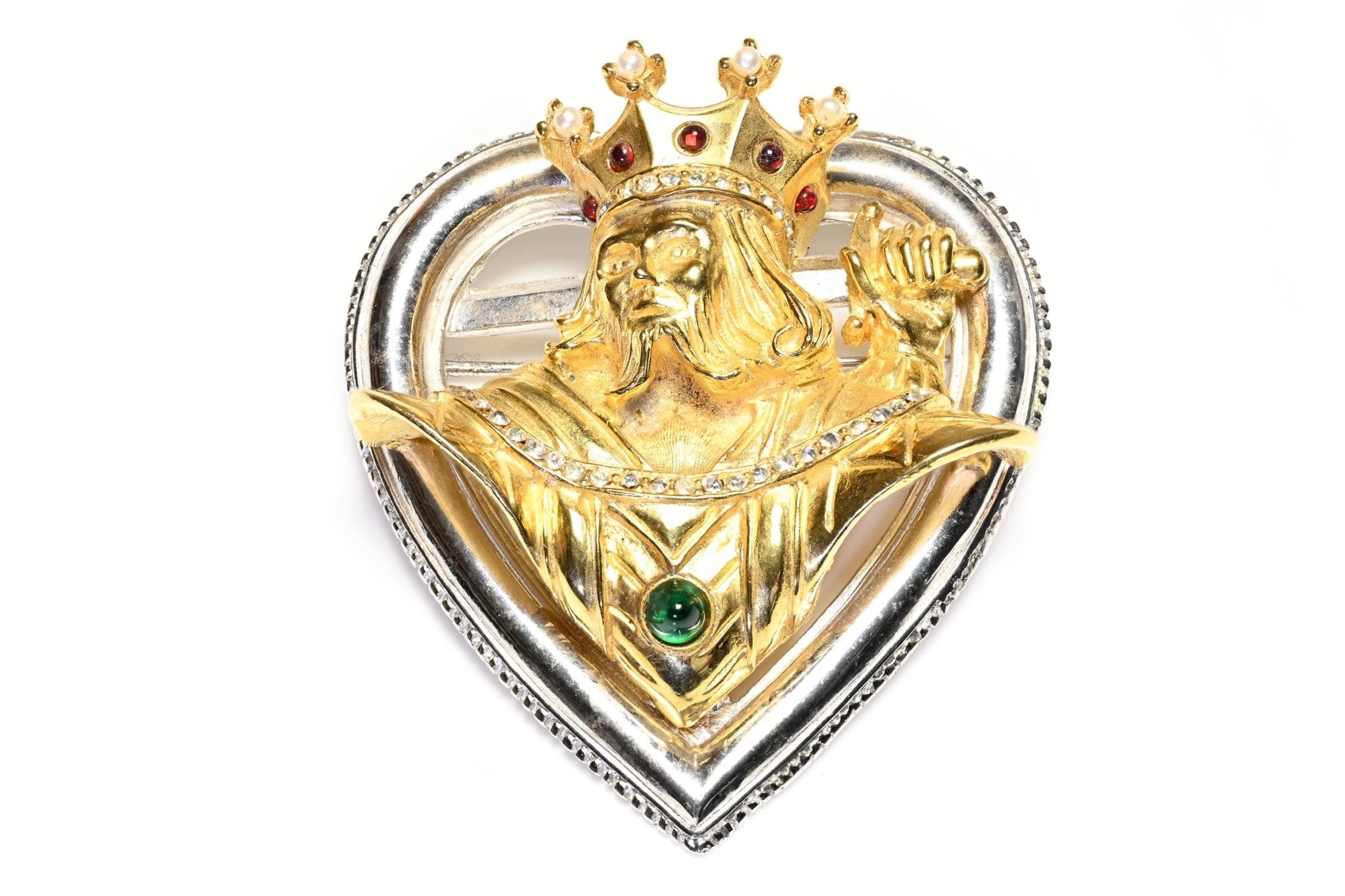 Vintage Kramer NY Silver Gold Plated Green Red Cabochon Glass King Heart Brooch