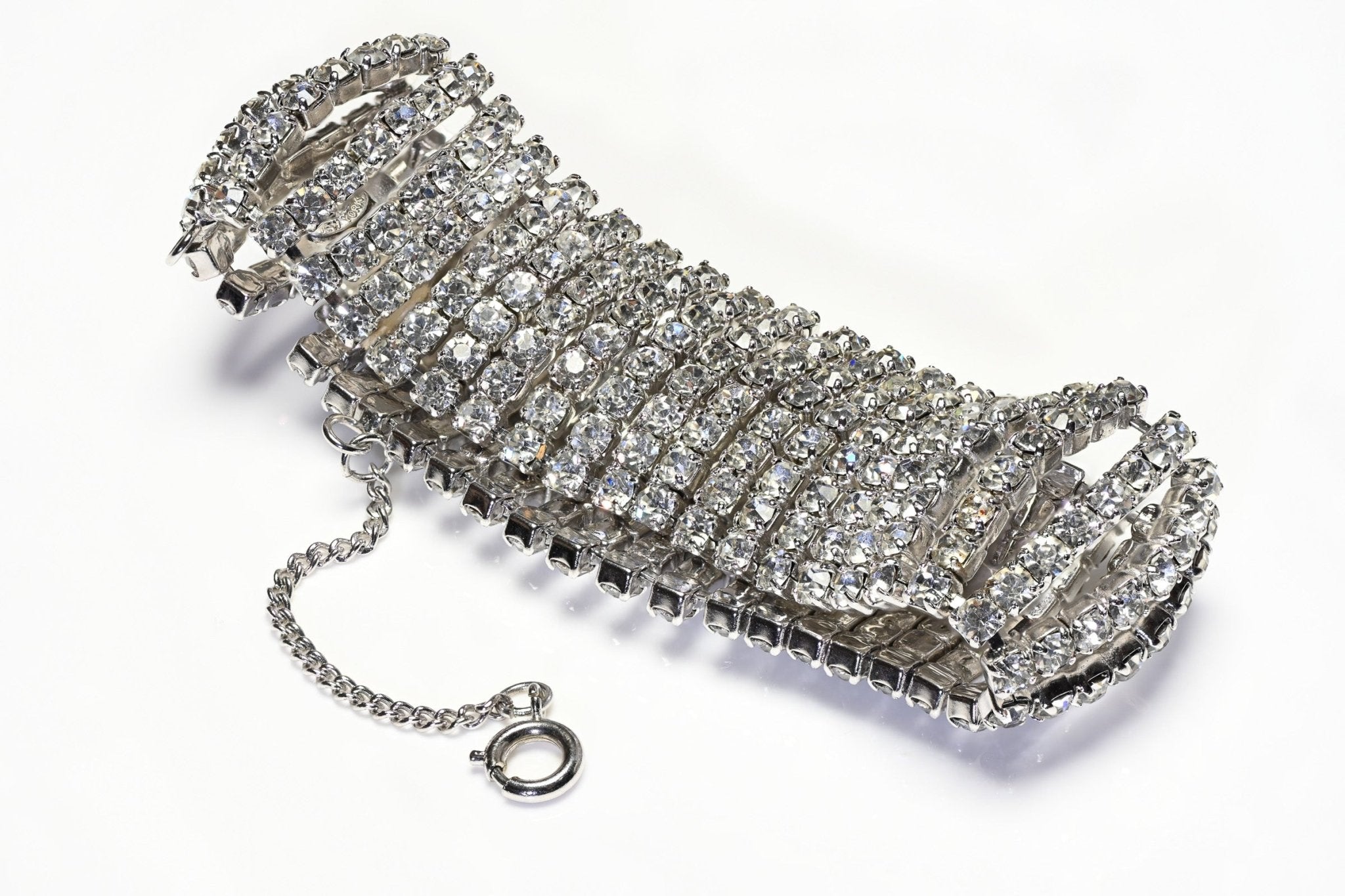 Vintage Kramer NY Wide Palladium Plated Crystal Chain Mesh Bracelet