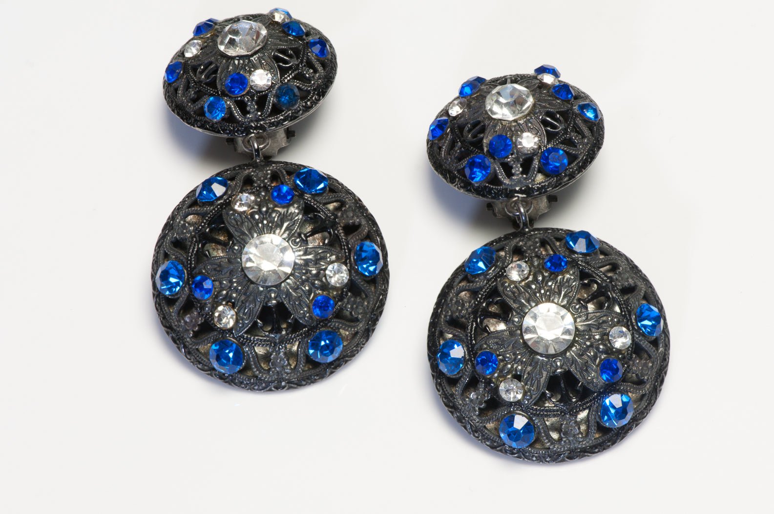 Vintage La Porte Bleue Paris Long Blue Crystal Filigree Earrings