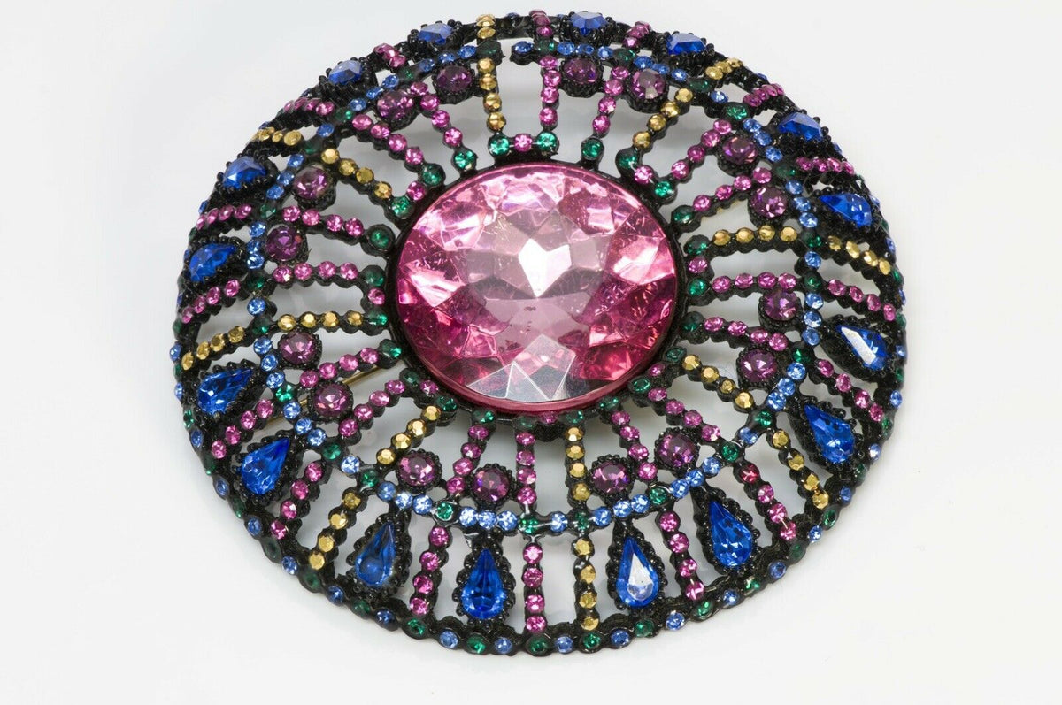 Vintage Large Pink Blue Green Crystal Round Brooch