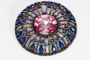 Vintage Large Pink Blue Green Crystal Round Brooch
