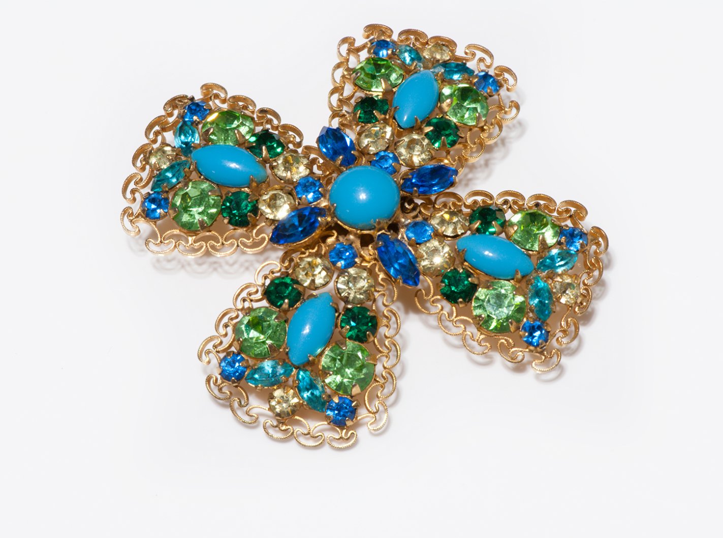Vintage Les Bernard Faux Turquoise Blue Green Crystal Cross Brooch