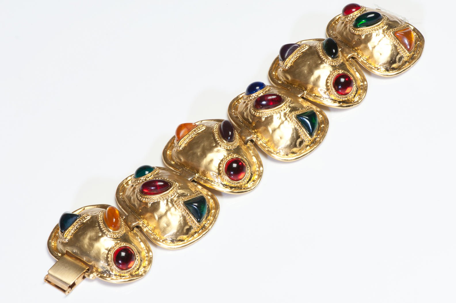 Vintage Les Bernard Wide Gold Plated Red Green Blue Cabochon Chain Bracelet