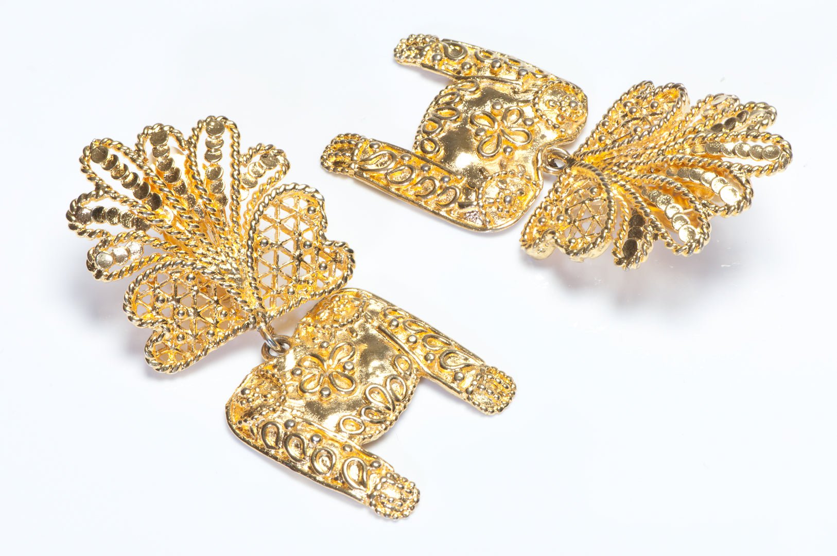 Vintage Loewe Long Gold Plated Spanish Jacket Feather Earrings