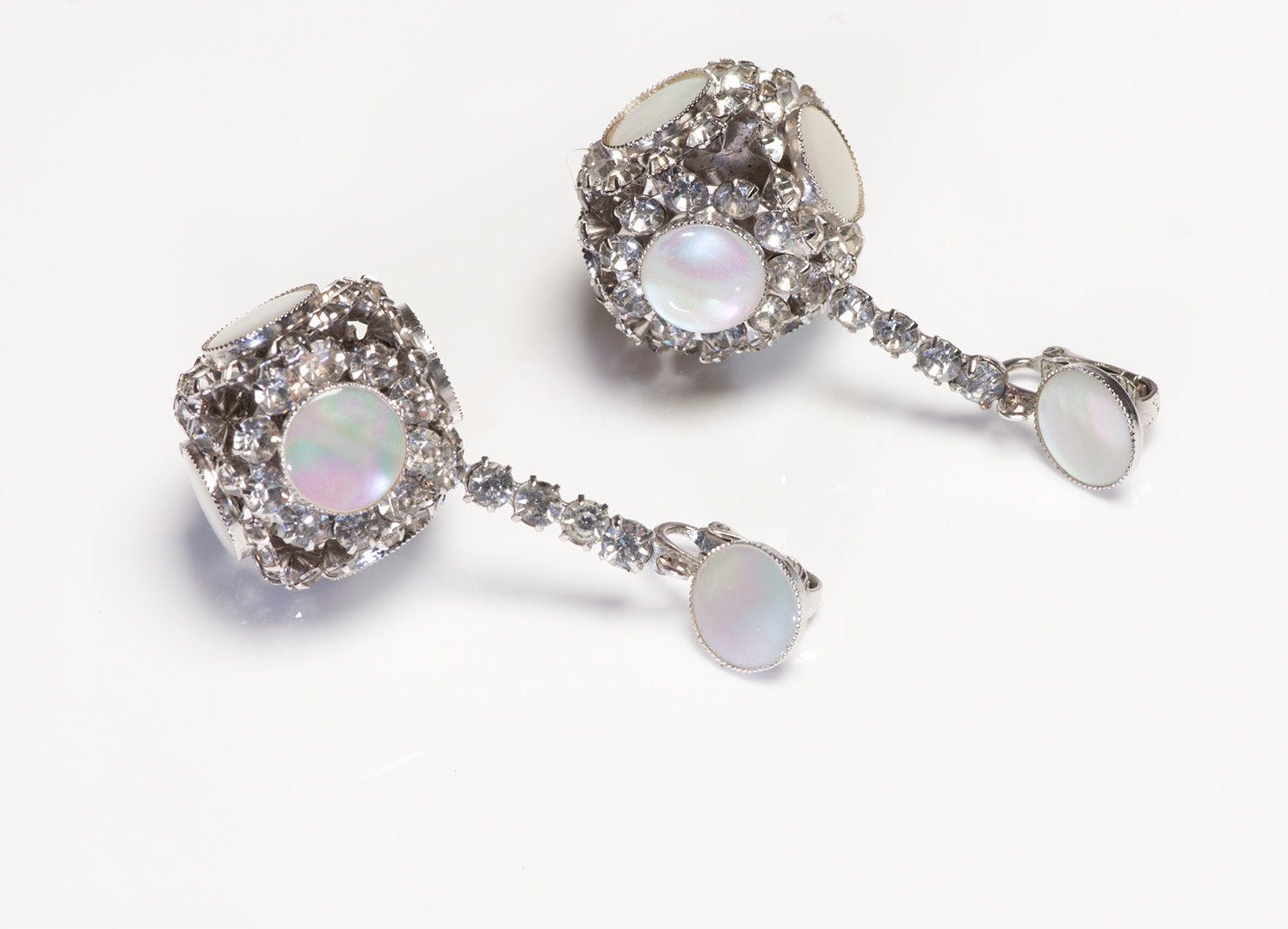 Vintage Long Rhodium Plated Mother of Pearl Crystal Ball Earrings