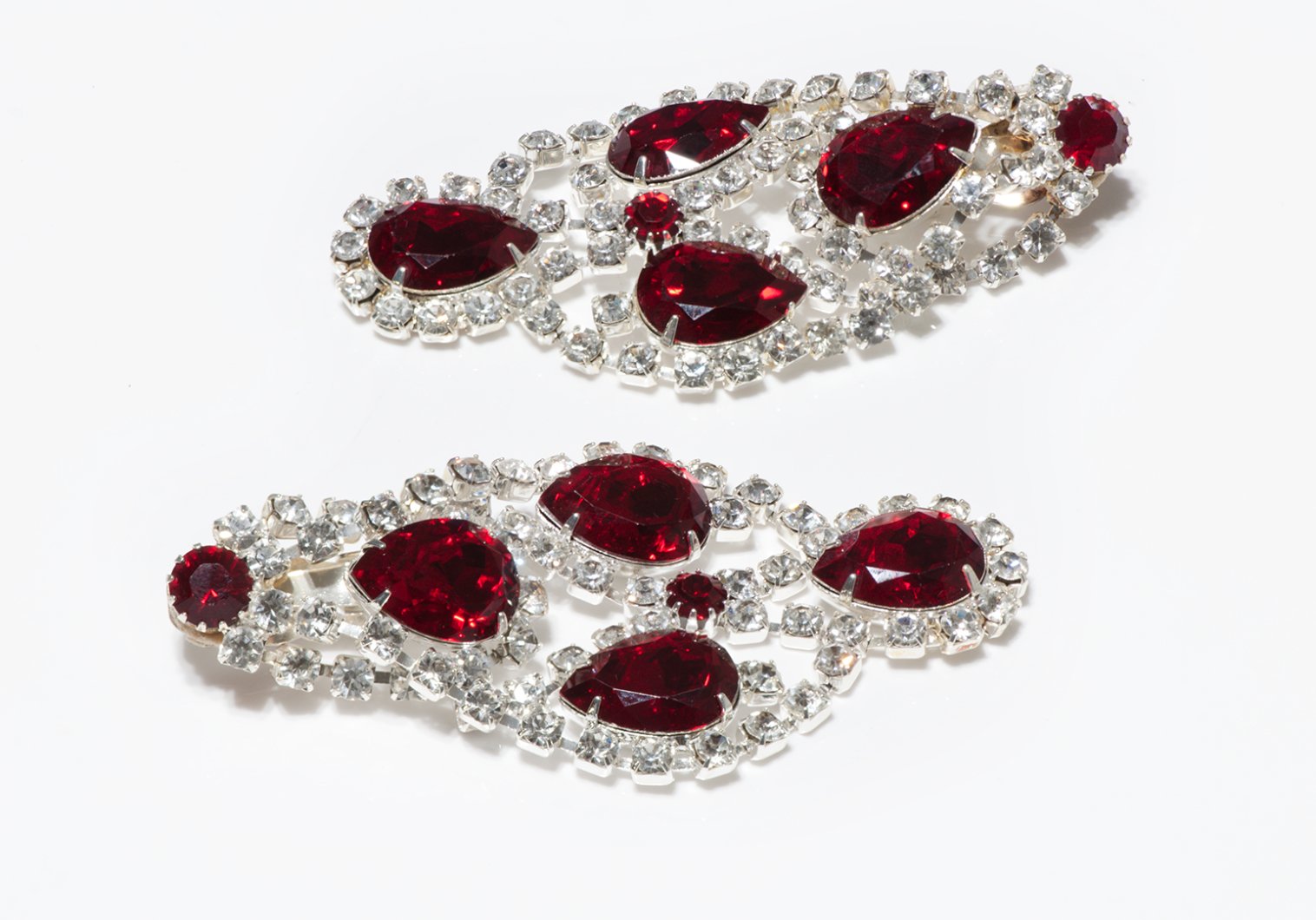 Vintage Long Rhodium Plated Red Crystal Earrings